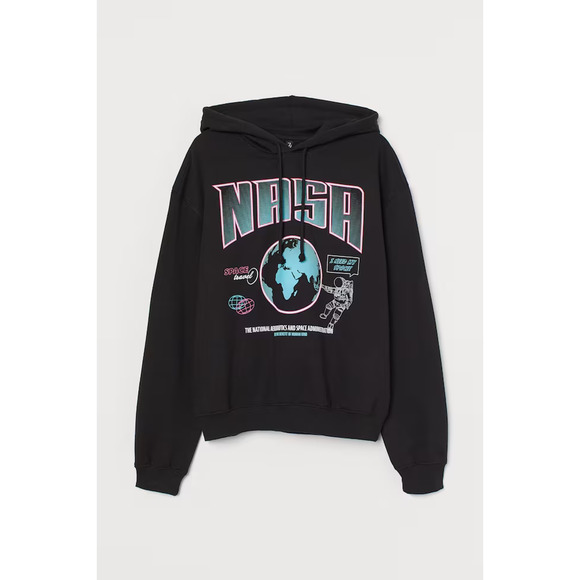 Women's Divided By H&M Black NASA Pullover Hoodie Sz S Sweatshirt Cotton Blend - Picture 1 of 6
